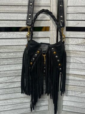 JJ Winters Black Leather Fringe Crossbody Bag Studded Braided Handle Boho